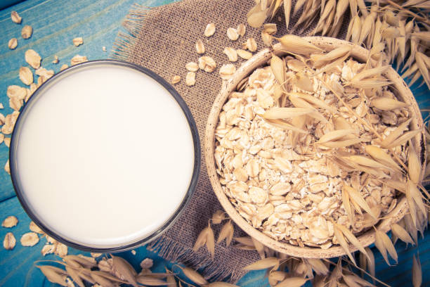 Oat and oat milk. Healthy breakfast, healthy eating concept. stock photo