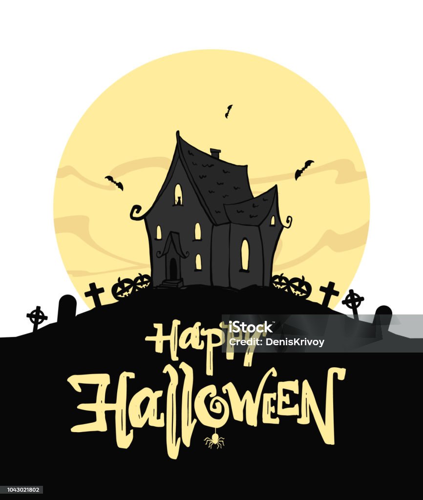 Happy Halloween type lettering composition with silhouette of witch haunted house and pumpkins on moon background. Happy Halloween type lettering composition with silhouette of witch haunted house and pumpkins on moon background Bat - Animal stock vector