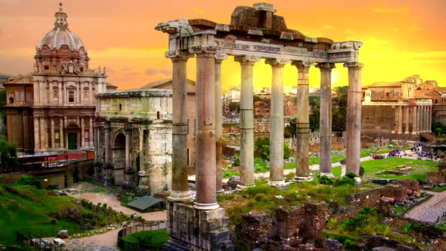 Ruins of Roman's forum at sunset, ancient government buildings started 7th century BC. Rome. Italy