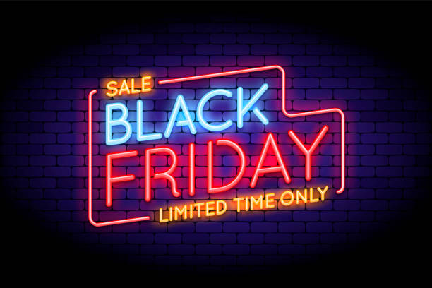 Black Friday Sale illustration in neon style. Black Friday Sale illustration in neon style. Luminous neon words on the wall. Vector illustration for web or print adverts for black friday sales. black friday sale sign stock illustrations
