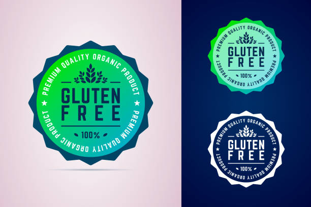 Gluten free round badge. Premium quality organic product badge. Gluten free round badge. Premium quality organic product badge, label, sign in three color variants. Vector illustration in modern gradient style. toll free stock illustrations