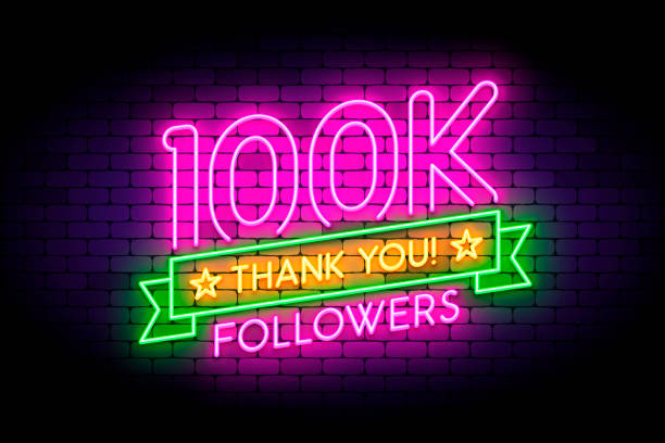 100k, 100000 followers neon sign on the wall. 100k, 100000 followers neon sign on the wall. Realistic neon sign with number of followers and thank you phrase on the ribbon with stars. Vector illustration for celebrating a large number of subscribers in social networks. follow up stock illustrations
