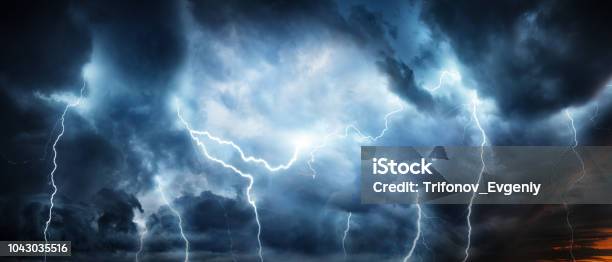 Lightning Thunderstorm Flash Over The Night Sky Stock Photo - Download Image Now - Lightning, Thunderstorm, Storm Cloud