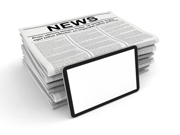 news in the newspaper and blank tablet pc, isolated on white. - newspaper digital tablet digitally generated image note pad imagens e fotografias de stock