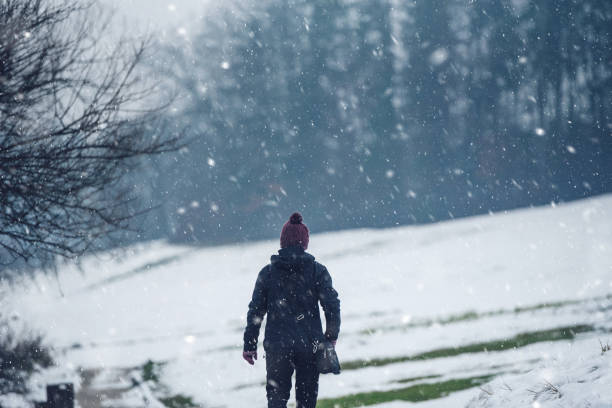 istock Woman with purple hat walking in snow 1043036340