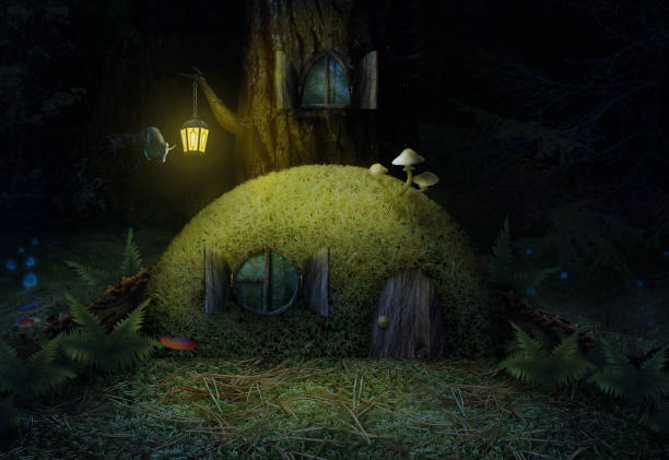 istock Magic house in the woods at night a beautiful moss tree. 1043051986