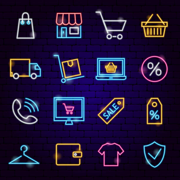 ilustrações de stock, clip art, desenhos animados e ícones de shopping neon icons - laptop retail e commerce store