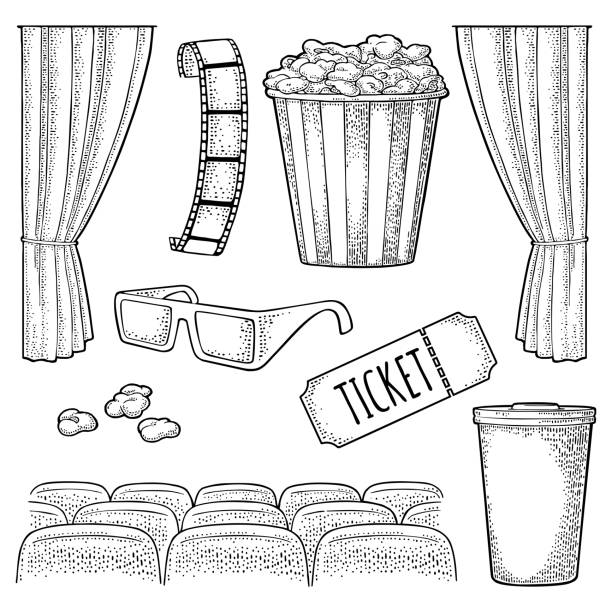 кинотеатр. векторная гравировка винтажной черной иллюстрации. - popcorn snack bowl corn stock illustrations