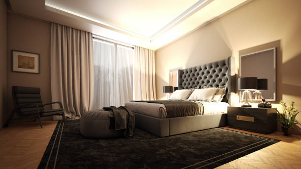 Luxury Master Bedroom Interior Digitally generated luxurious and modern bedroom interior design.

The scene was rendered with photorealistic shaders and lighting in Autodesk® 3ds Max 2016 with V-Ray 3.6 with some post-production added. owners bedroom photos stock pictures, royalty-free photos & images