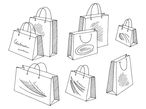 Vector illustration of Shopping bag set graphic black white isolated sketch illustration vector