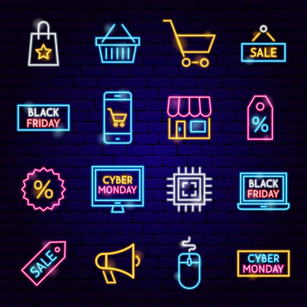 ilustrações de stock, clip art, desenhos animados e ícones de cyber monday neon icons - laptop retail e commerce store