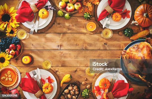 Thanksgiving Celebration Traditional Dinner Setting Meal Concept Stock Photo - Download Image Now