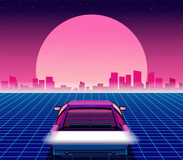 80s style sci-fi background with supercar Retro future. 80s style sci-fi background with supercar. Futuristic retro car. Vector retro futuristic synth illustration in 1980s posters style. Suitable for any print design in 80s style time machine stock illustrations