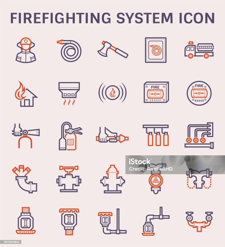 firefighting system icon Firefighting and fire alarm system icon set, color and outline. Fire Engine stock vector