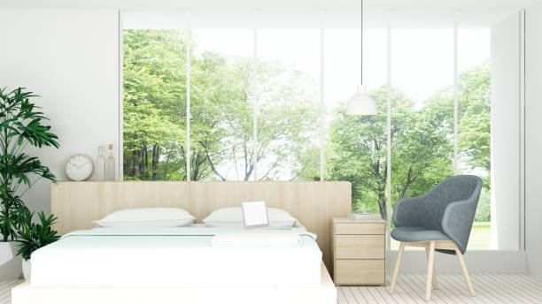 istock The interior minimal hotel bedroom space 3d rendering and nature view background 1043070310