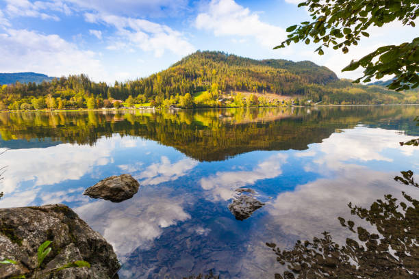 Lake Millstätter See in Carinthia. Panorama of the famous lake in the Drautal in Austria. Scenic landscape in the southern part of the country during early morning.