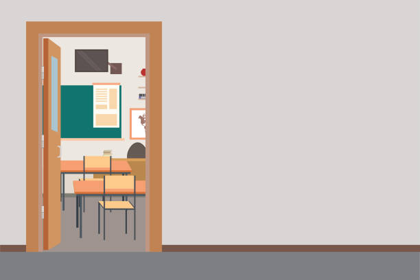 Empty school interior,school hall with open door in classroom, vector art illustration