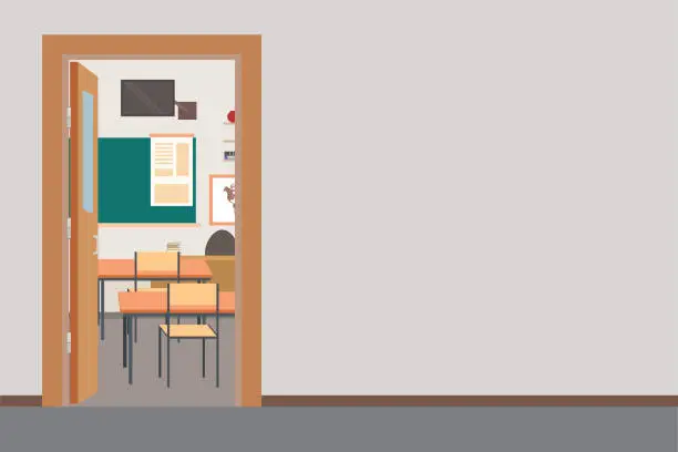 Vector illustration of Empty school interior,school hall with open door in classroom,