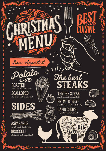 illustrazioni stock, clip art, cartoni animati e icone di tendenza di modello di menu di natale per ristorante bistecca. - blackboard christmas retro revival old fashioned