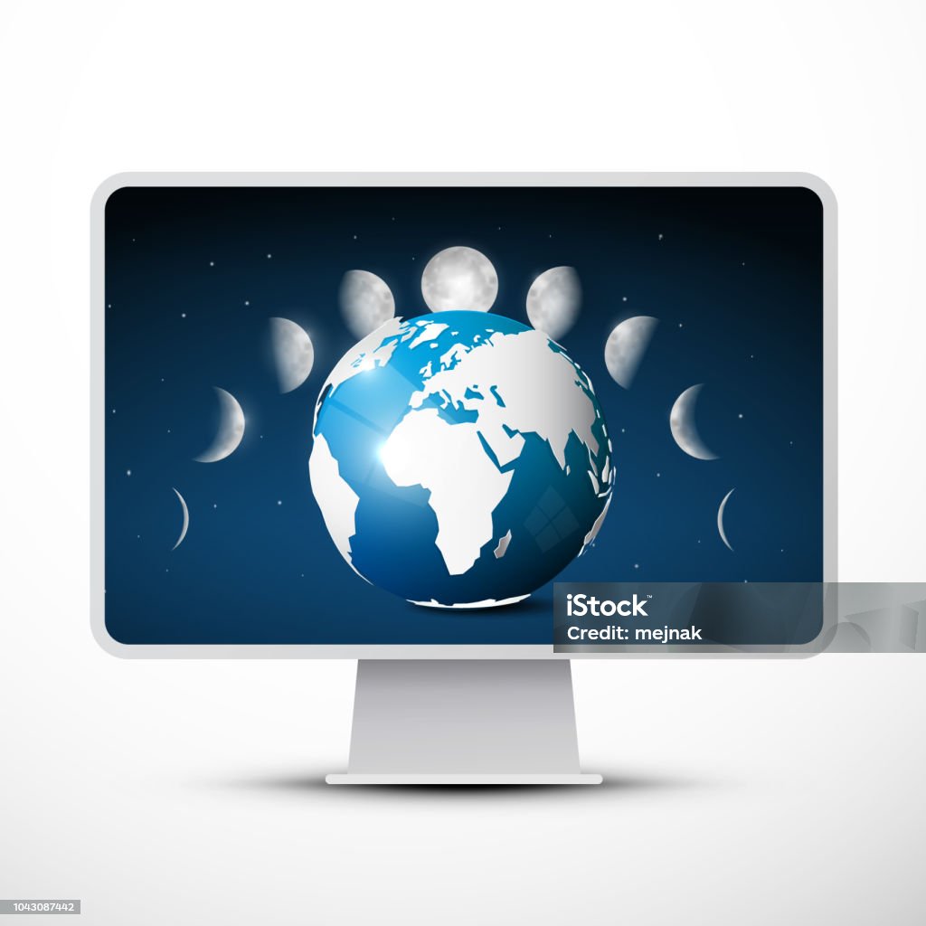 Computer And Moon Computer With Moon Phases And Earth Stock Illustration - Download Image ...