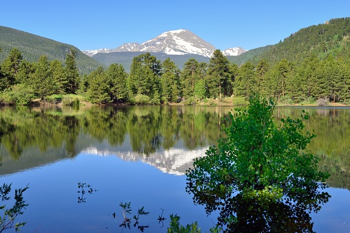 Sprague lake and reflections of rocky mountains in Colorado, USA in summer