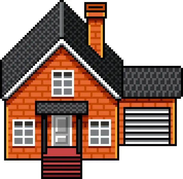 Vector illustration of Pixel art modern brick house isolated vector