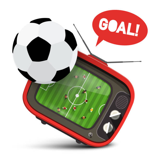istock Football Ball with Soccer Match on Retro TV 1043089676