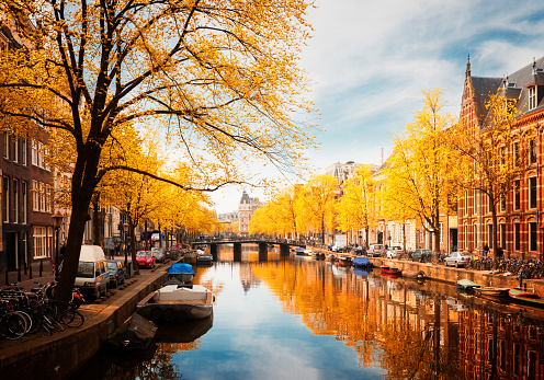 embankment of canal ring at spring, Amsterdam at fall, Netherlands