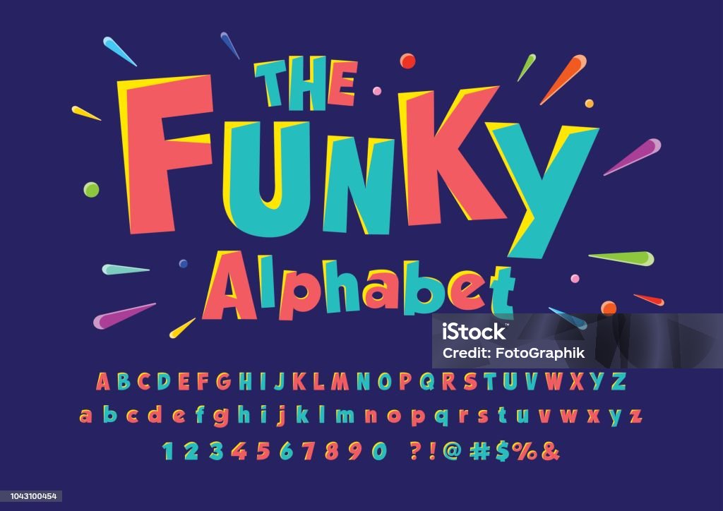 Funky font Colorful stylized font and alphabet Typescript stock vector