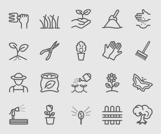 linie-icons set für garten - gardening shovel trowel flower stock-grafiken, -clipart, -cartoons und -symbole