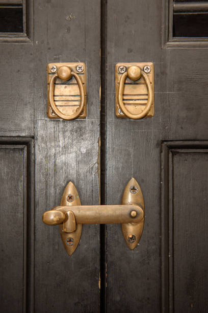 istock Bronze door handle and wooden door 1043100798