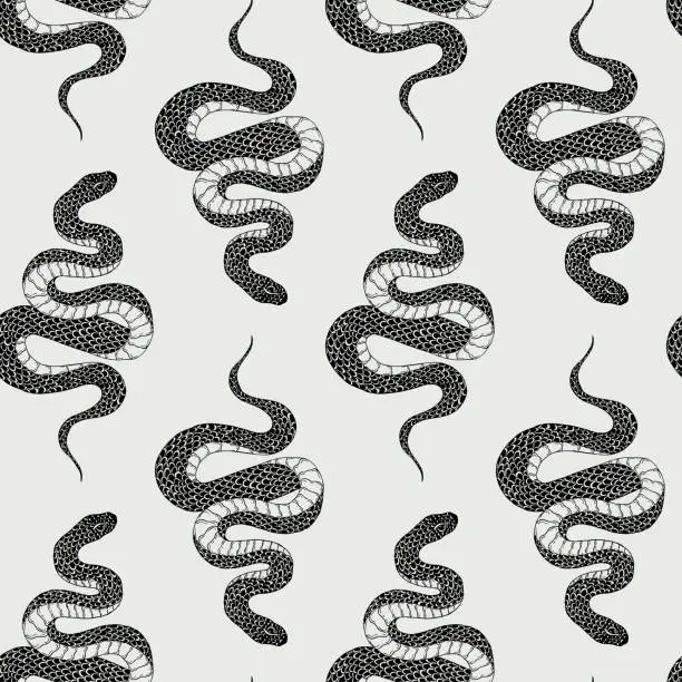 Vector illustration of Vector seamless hand drawn vintage horror pattern with snakes. Animal decoration for paper, textile, wrapping decoration, scrap-booking, t-shirt, cards.