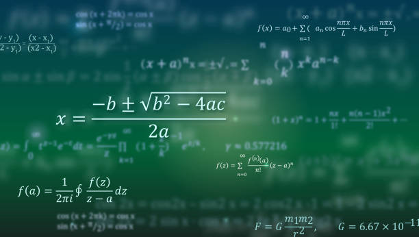 formuły matematyczne. abstrakcyjne zielone tło z równaniami matematycznymi unoszącymi się na tablicy. wzór na okładkę, prezentację, ulotki. ilustracja 3d wektora - formula stock illustrations