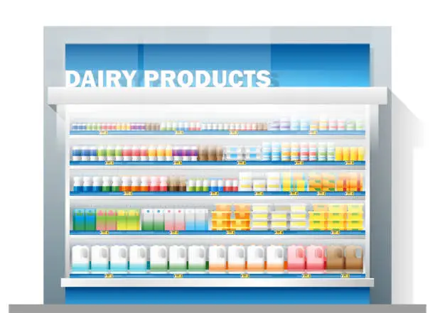 Vector illustration of Dairy products for sale display on shelf in supermarket , vector , illustration