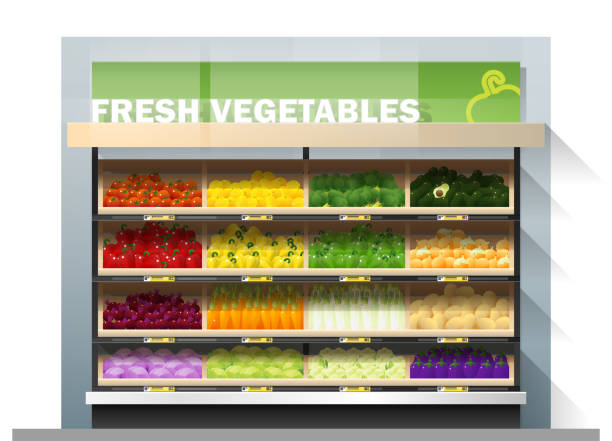 ilustrações de stock, clip art, desenhos animados e ícones de fresh vegetables for sale display on shelf in supermarket , vector , illustration - department store shopping mall store inside of