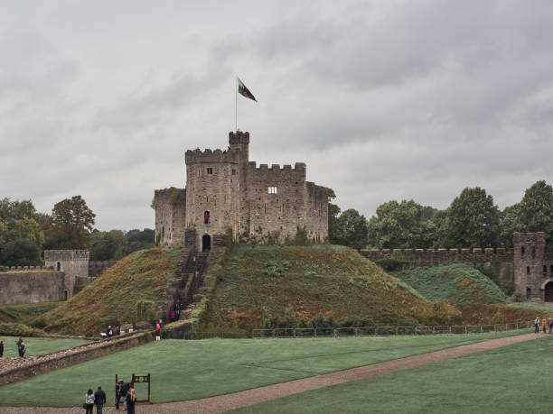 vista panorâmica sobre o castelo de cardiff - welsh flag welsh culture flag green - fotografias e filmes do acervo