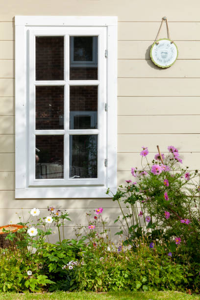 istock Summer garden flowers and window 1043124084