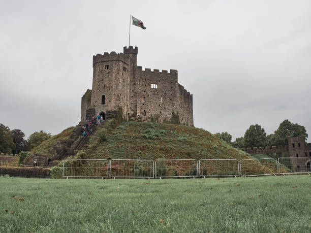 vista sobre o castelo de cardiff - welsh flag welsh culture flag green - fotografias e filmes do acervo