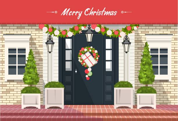 玄関ドアのクリスマス デコレーション - christmas gate wreath house点のイラスト素材／クリップアート素材／マンガ素材／アイコン素材