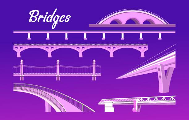collection of isolated bridges vector illustration, set of different bridges on a dark background in a flat style footbridge stock illustrations