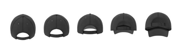 istock 3d rendering of five black baseball caps shown in one line in a back view in different angles. 1043128684