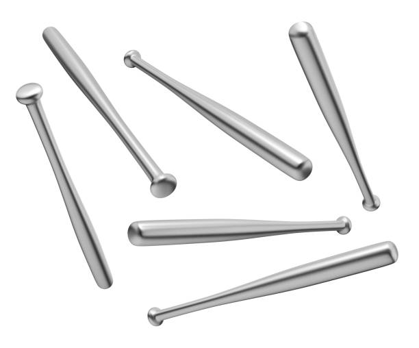 istock 3d rendering of many steel baseball bats flying in different angles on a white background. 1043128694