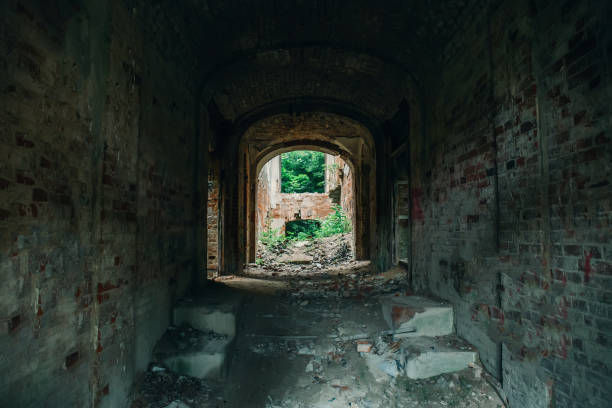 istock Inside ruined, abandoned ancient brick aged castle building overgrown with grass and plants 1043128760