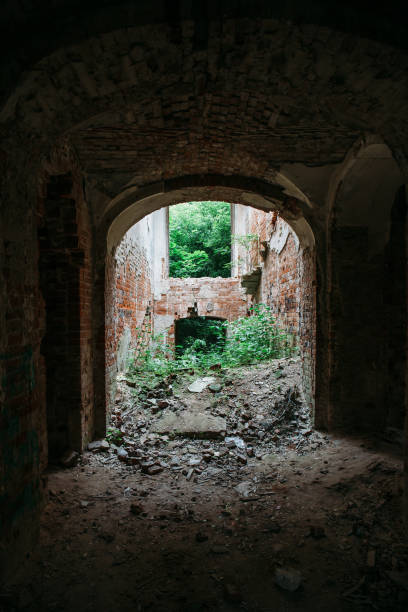 istock Inside ruined, abandoned ancient brick aged castle building overgrown with grass and plants 1043131006
