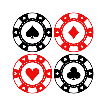 Red and black poker gaming chips vector set. Casino tokens coins with playing cards symbols, hearts, spades, clubs, diamonds.
