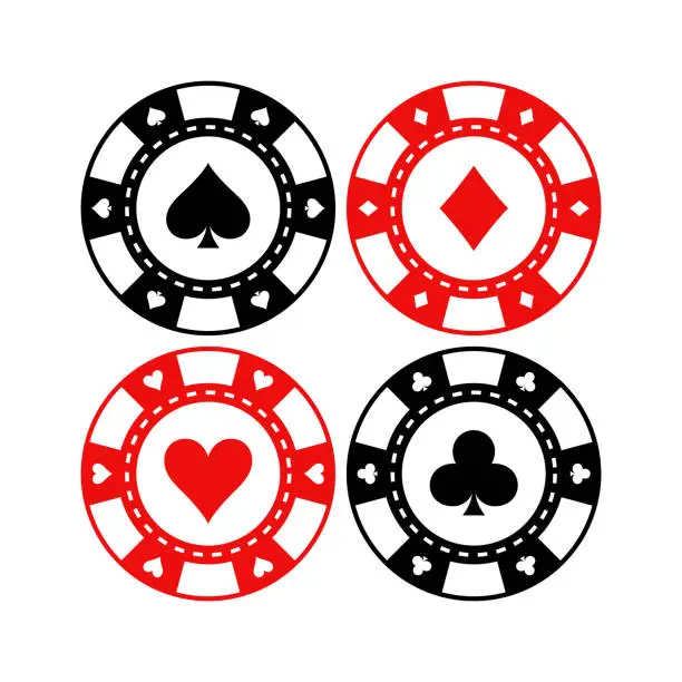 Vector illustration of Red and black poker gaming chips vector set. Casino tokens coins with playing cards symbols, hearts, spades, clubs, diamonds.