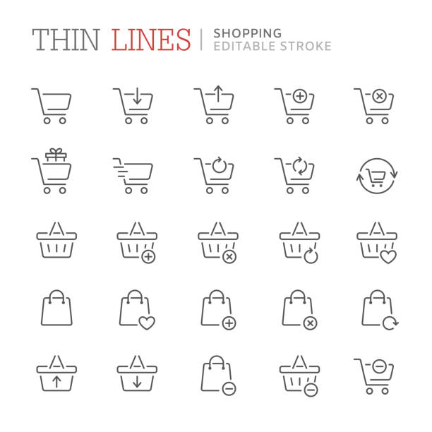 Collection of shopping related line icons. Editable stroke Collection of shopping related line icons. Editable stroke market retail space illustrations stock illustrations