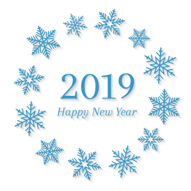 2019 and Happy New Year concept with snowflakes 2019 and Happy New Year concept with blue snowflakes around it in circle shape. Abstract wreath and seasonal design on white background. 4789 квед 2021 stock illustrations