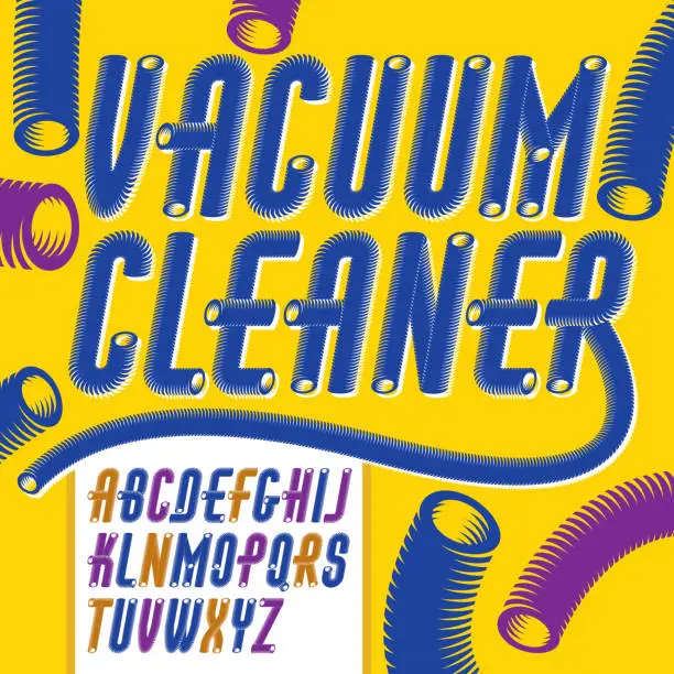 Vector illustration of Vector condensed, tall, funky capital italic alphabet letters, abc collection. Retro font, script from a to z can be used in poster art. Made with 3d cylinder tube design, industry style.