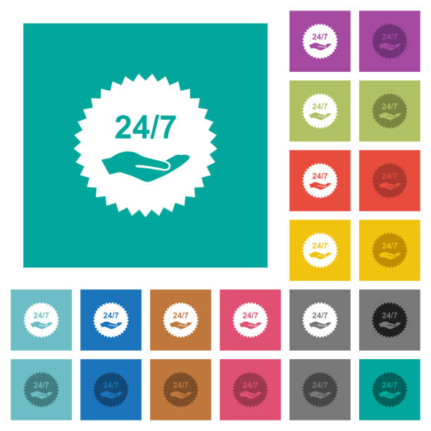 24 hours seven service sticker square flat multi colored icons 24 hours seven service sticker multi colored flat icons on plain square backgrounds. Included white and darker icon variations for hover or active effects. multi medal stock illustrations